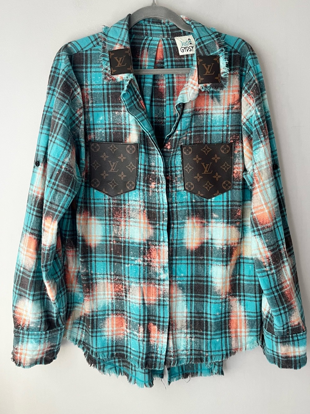 Jaded Gypsy Turquoise Distressed Plaid Shirt S/M Louis Vuitton Upcycle Pockets